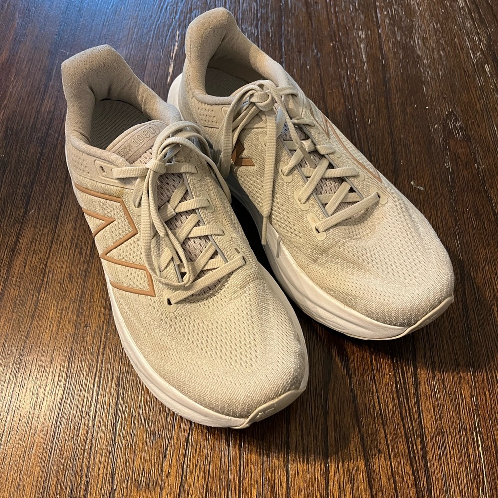 New Balance Women's Beige Athletic Running Sneakers with Tan Logo